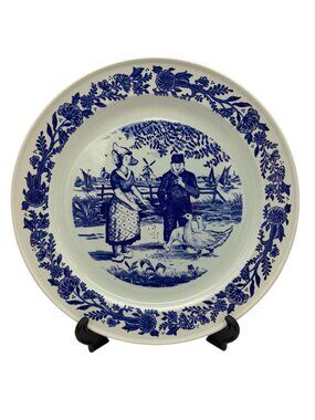 Vintage Delft Blue Dutch Couple Geese Windmill 12.75in Charger Plate Decor Wall
